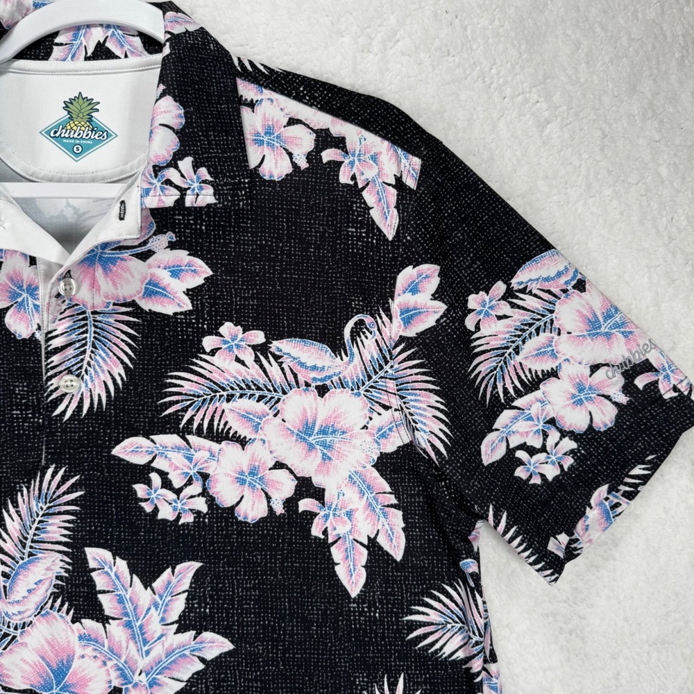 Chubbies Mens Performance Polo Shirt Small Charcoal Floral Flamingo Tropical S - Picture 8 of 11